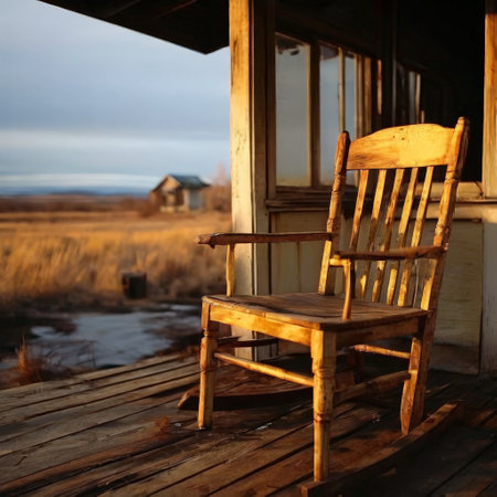 Wooden rocking chair on rustic porch at sunsetの素材
