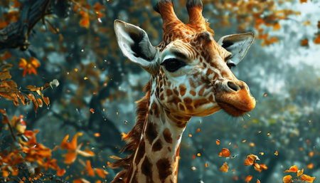 Curious Giraffe Amidst Autumn Leavesの素材