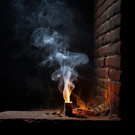 Candle flame and smoke in dark brick settingの素材