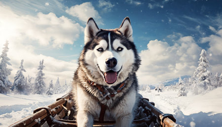 Happy Husky Dog Leading a Sled in a Snowy Landscapeの素材