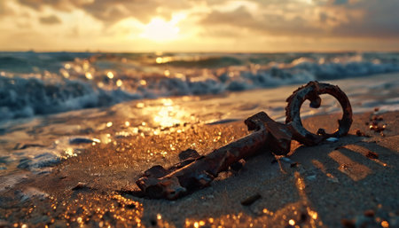 Rusty key on sandy beach at sunsetの素材