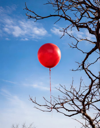 Single red balloon against a clear blue skyの素材