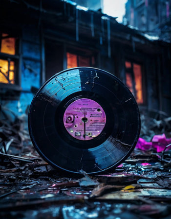 Cracked vinyl record in abandoned building at duskの素材