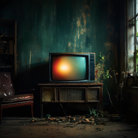 Old television in abandoned room with peeling wallsの素材
