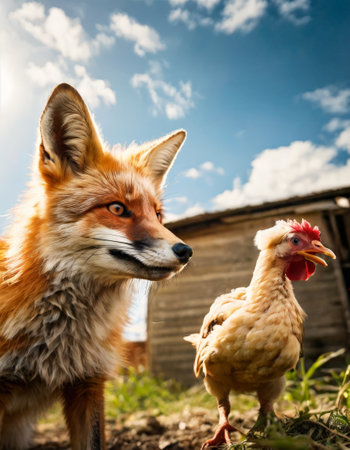 Fox and chicken in a rural setting with blue skyの素材