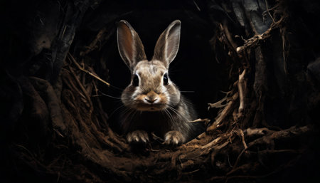 Curious rabbit peeking out from burrow in dark forestの素材