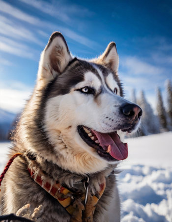 Husky dog in a snowy landscape with treesの素材