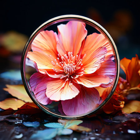 Magnified vibrant flower in circular frameの素材