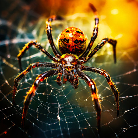 Vivid macro of spider on its web with glowing backgroundの素材