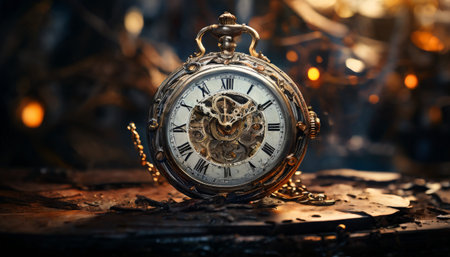Vintage pocket watch in rustic setting with cogs exposedの素材