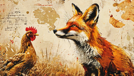 Fox and Chicken in Artistic Watercolor Paintingの素材