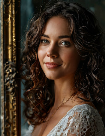 Portrait of a young woman with curly hair by a windowの素材