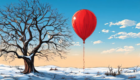 Red balloon and bare tree in snowy winter landscapeの素材