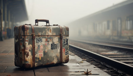Vintage suitcase on foggy train platform, travel conceptの素材