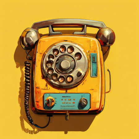 Retro rotary dial telephone against vibrant yellow backgroundの素材