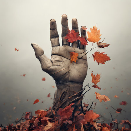 Hand reaching through autumn leavesの素材