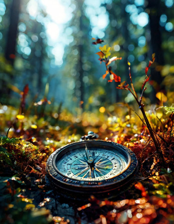 Antique compass in a lush forest setting at dawnの素材