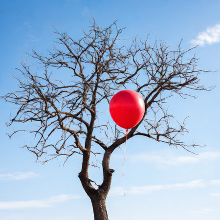 Red balloon caught in a bare tree against blue skyの素材