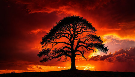 Silhouette of a tree against a dramatic sunset skyの素材