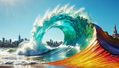 Artistic colorful wave crashing with city skylineの素材