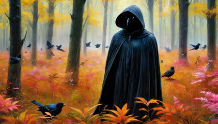 Mysterious Hooded Figure in Enchanted Forestの素材