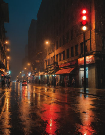 Rainy city street at night with reflections and red traffic lightの素材