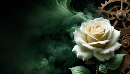 White rose with steampunk gears and green mistの素材