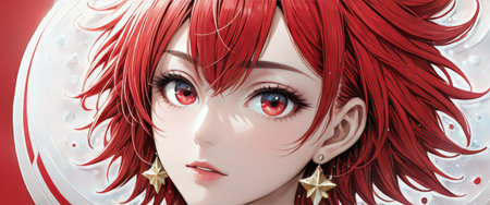 Close-up anime girl with vibrant red hair and star earringsの素材