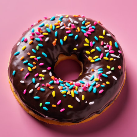 Chocolate donut with colorful sprinkles on a pink backgroundの素材