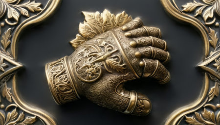 Ornate medieval gauntlet in detailed close-upの素材
