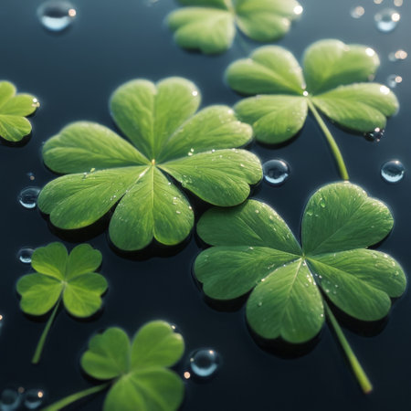 Fresh green clovers with dew drops on a dark surfaceの素材