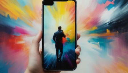 Man walking into a vibrant digital world through smartphoneの素材