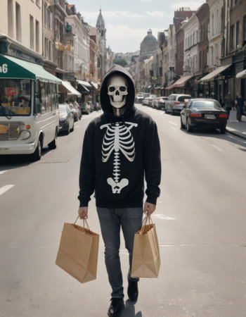 Man in skeleton hoodie shopping on city streetの素材