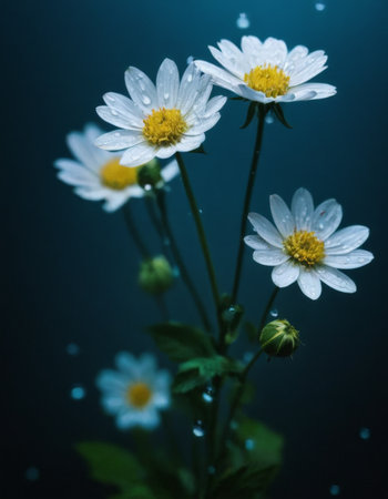 White daisies with water droplets on dark backgroundの素材
