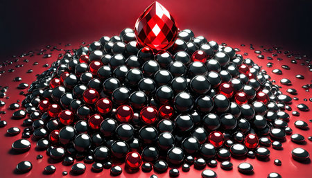 Luxurious Pile of Black Spheres with Red Gem on Topの素材