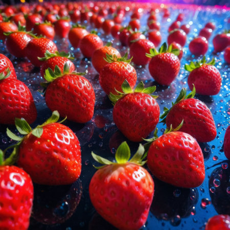 Fresh strawberries with water droplets on reflective surfaceの素材