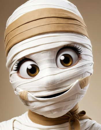Cute cartoon mummy with large eyes and bandagesの素材