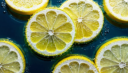 Fresh lemon slices submerged in water with bubblesの素材