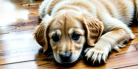 Golden retriever puppy lying on wooden floorの素材