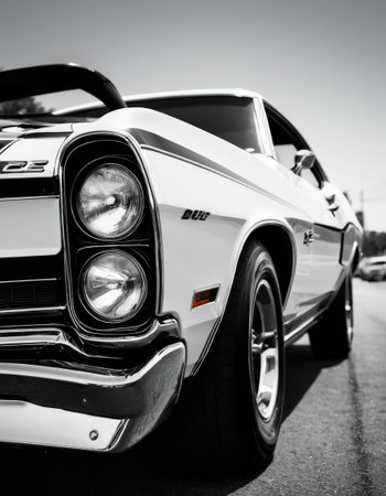 Classic white muscle car in black and white photographyの素材