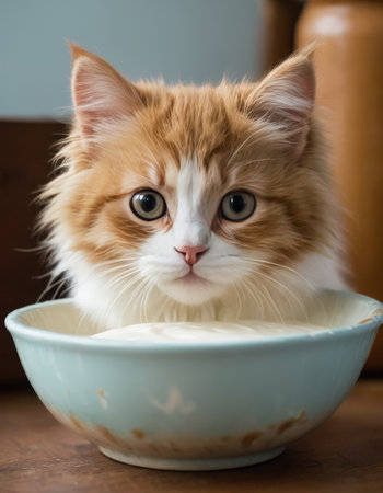 Adorable kitten peeking from a bowlの素材
