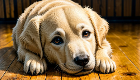 Adorable Golden Retriever Puppy Lying on Wooden Floorの素材