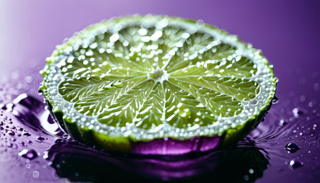 Fresh lime slice with water droplets on a purple backgroundの素材