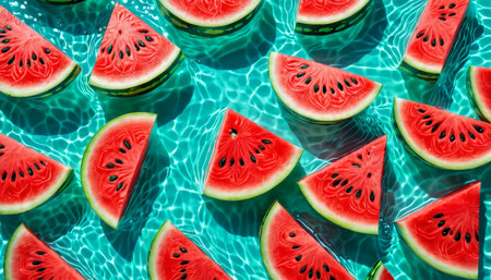 Fresh watermelon slices floating in turquoise waterの素材