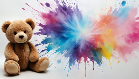 Teddy bear with colorful paint splash backgroundの素材