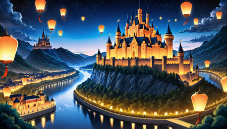 Magical Castle at Night with Floating Lanternsの素材