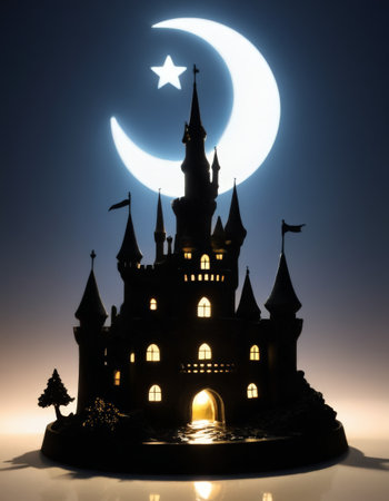 Illuminated fairy tale castle with moon and star backdropの素材