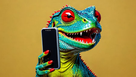 Colorful lizard holding a smartphoneの素材