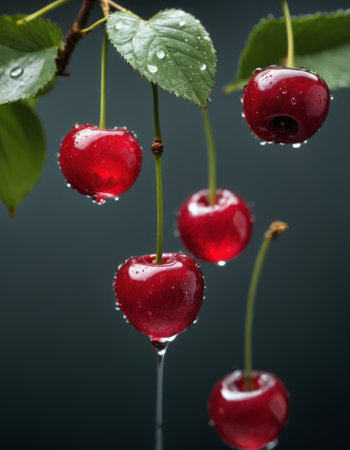 Fresh Red Cherries with Water Droplets on Branchの素材