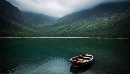 Lonely boat on serene mountain lakeの素材